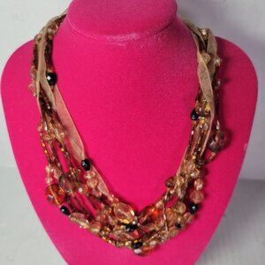 Multi-Strand Boho Layering Monet Amber & Black Tones Beads & Ribbon Necklace